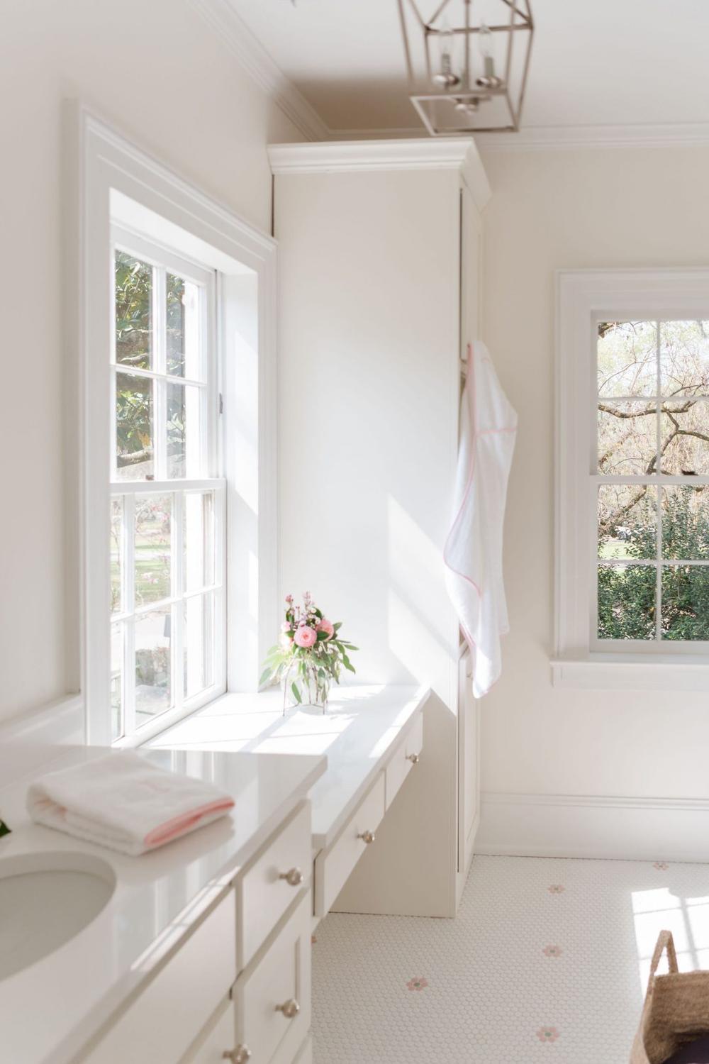 An elegantly designed feminine bathroom with soft pastel colors, a stylish vanity area, and natural light filling the space.