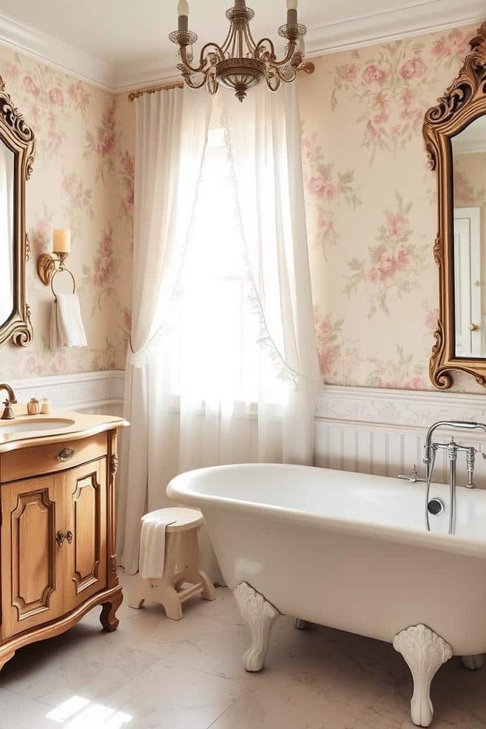 A beautifully designed feminine bathroom featuring vintage elements, a clawfoot bathtub, and warm lighting creating an inviting feel.