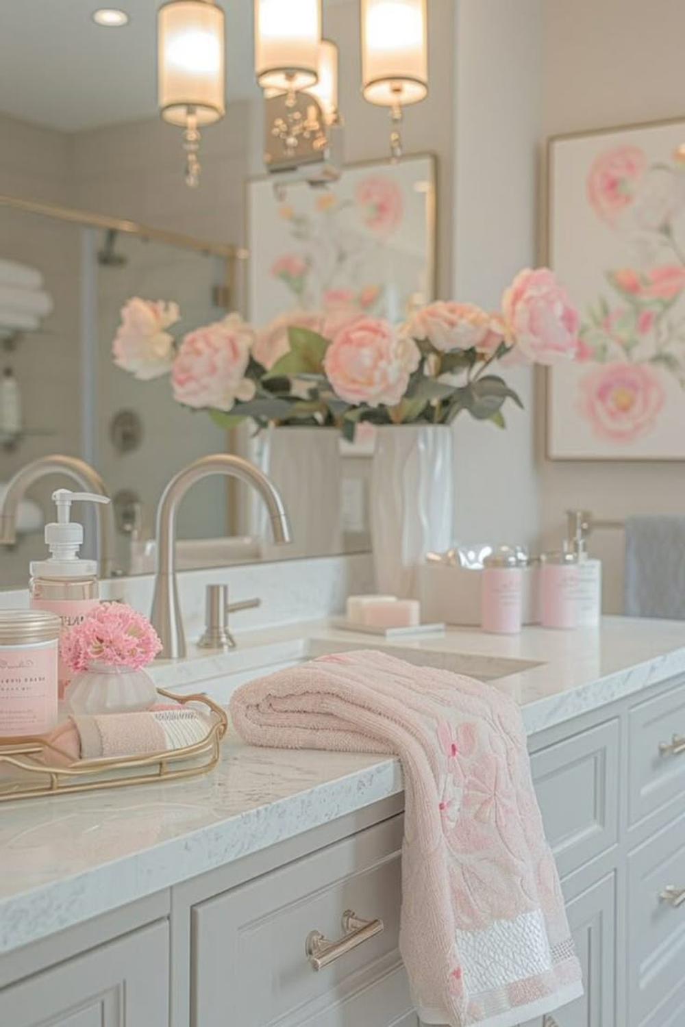 A soft pastel-themed feminine bathroom featuring modern designs, a stylish vanity, and elegant finishing touches.