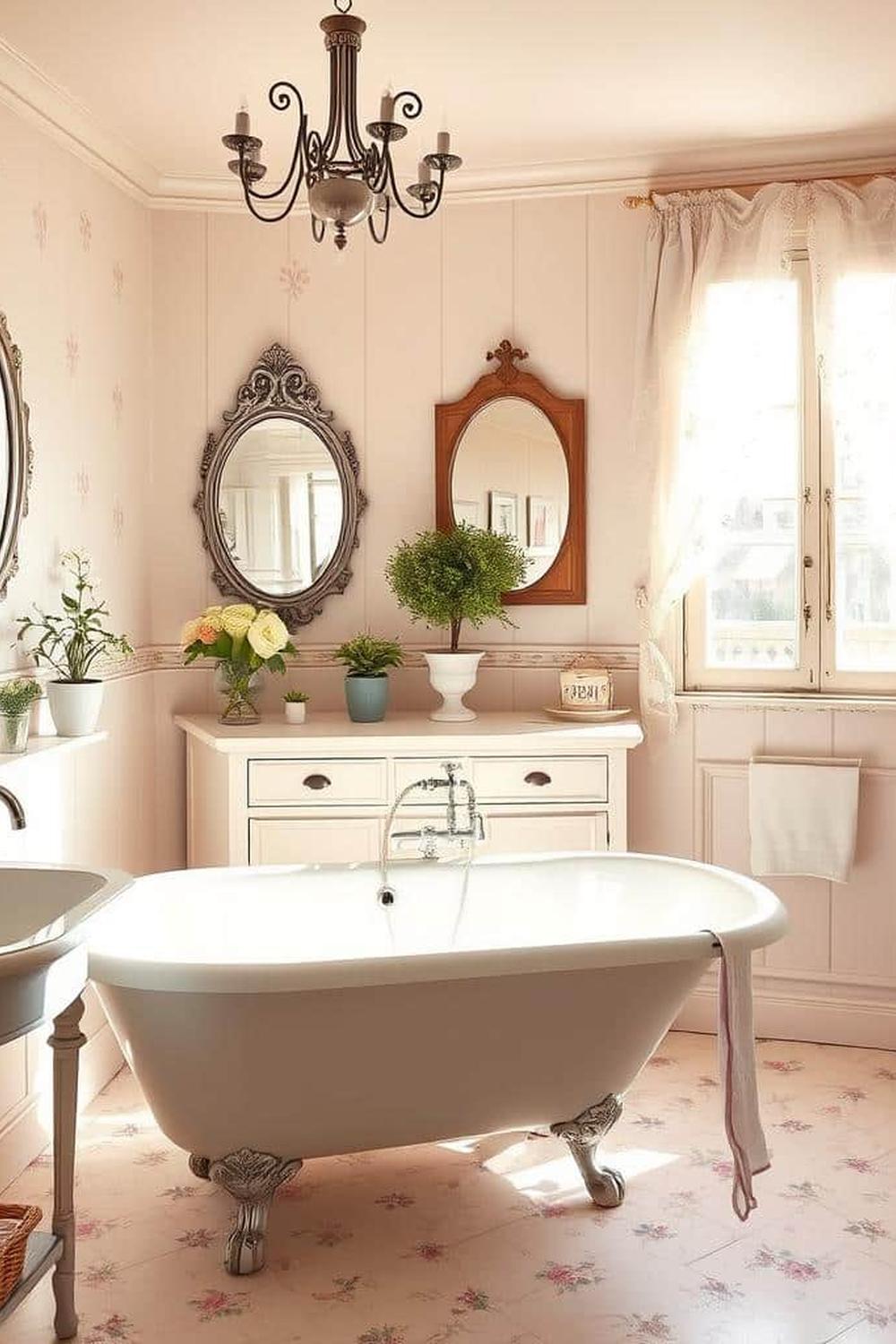 An elegantly designed feminine bathroom featuring a clawfoot bathtub, ambient lighting, and a pastel color scheme.