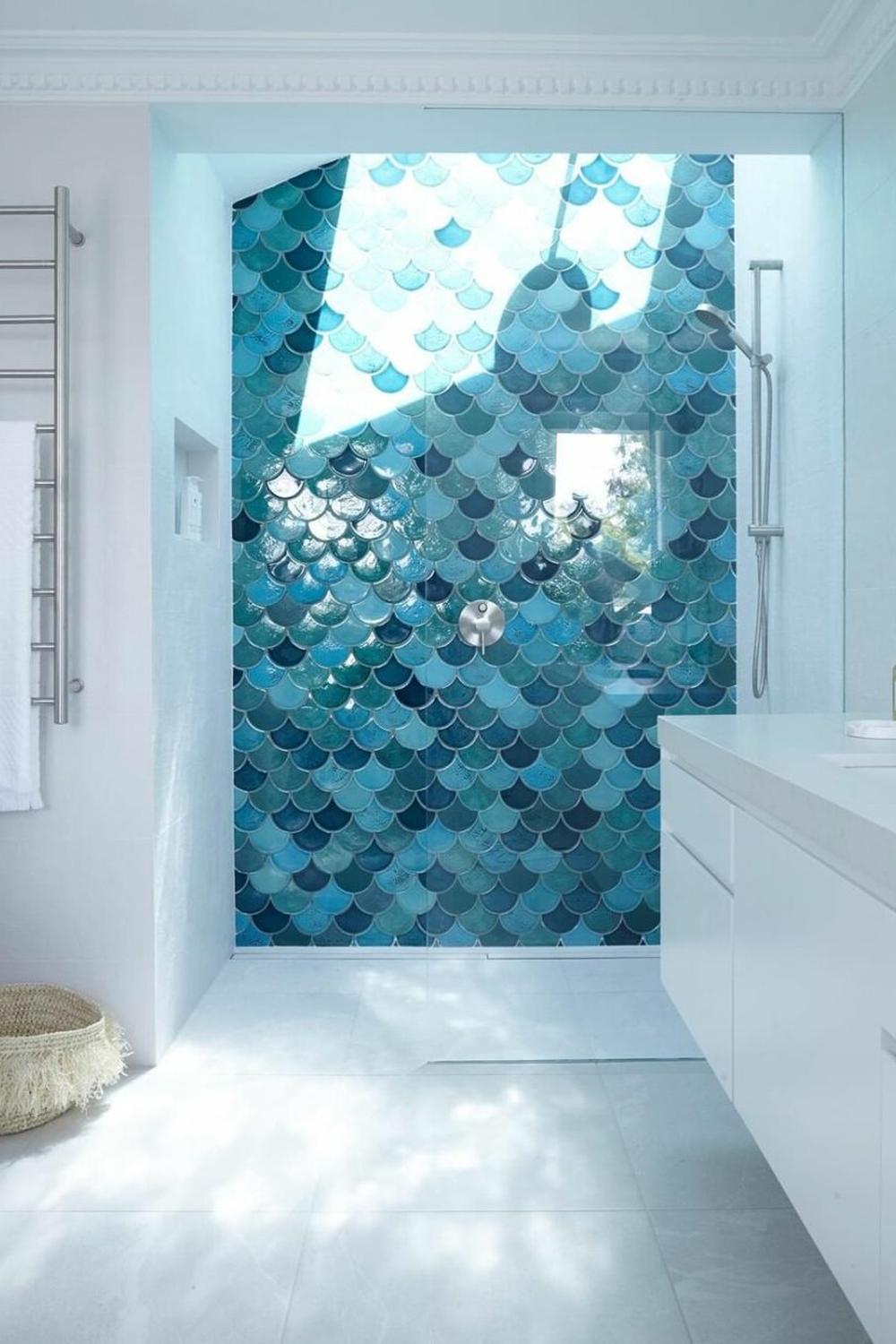 Chic bathroom with ocean-inspired fish scale tiles