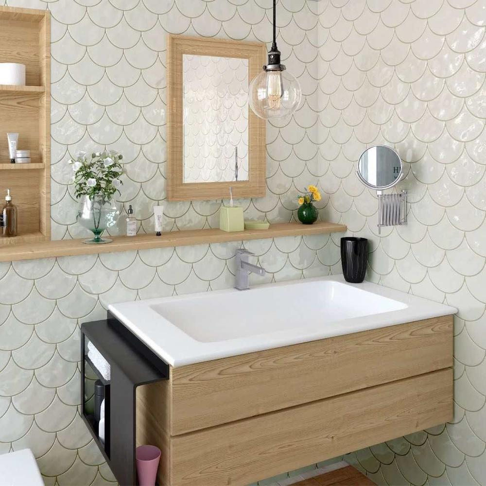 Chic bathroom featuring fish scale tiles and wooden decor