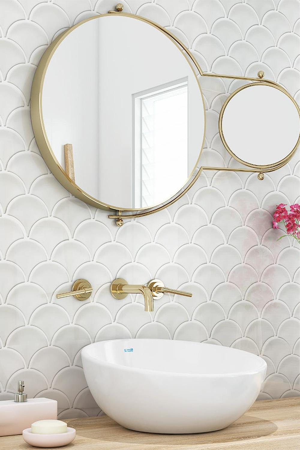 Luxurious bathroom showcasing refined fish scale tiles and elegant fixtures