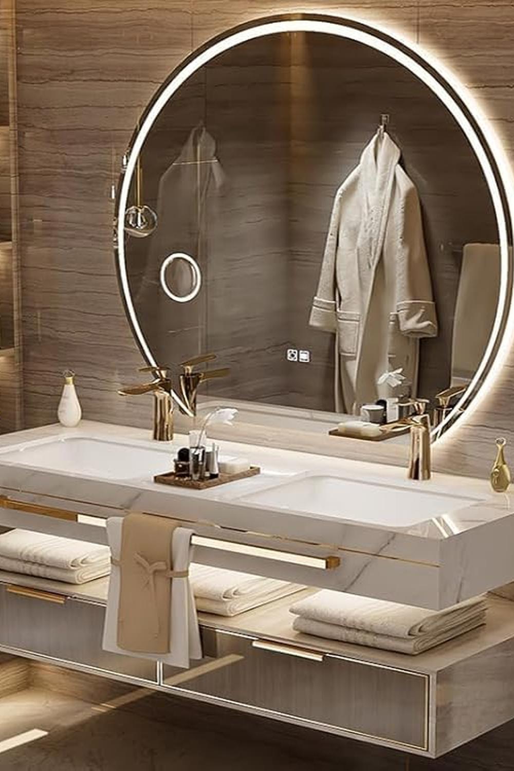 Luxurious floating marble vanity featuring a large circular mirror with integrated lighting, enhancing space and elegance.