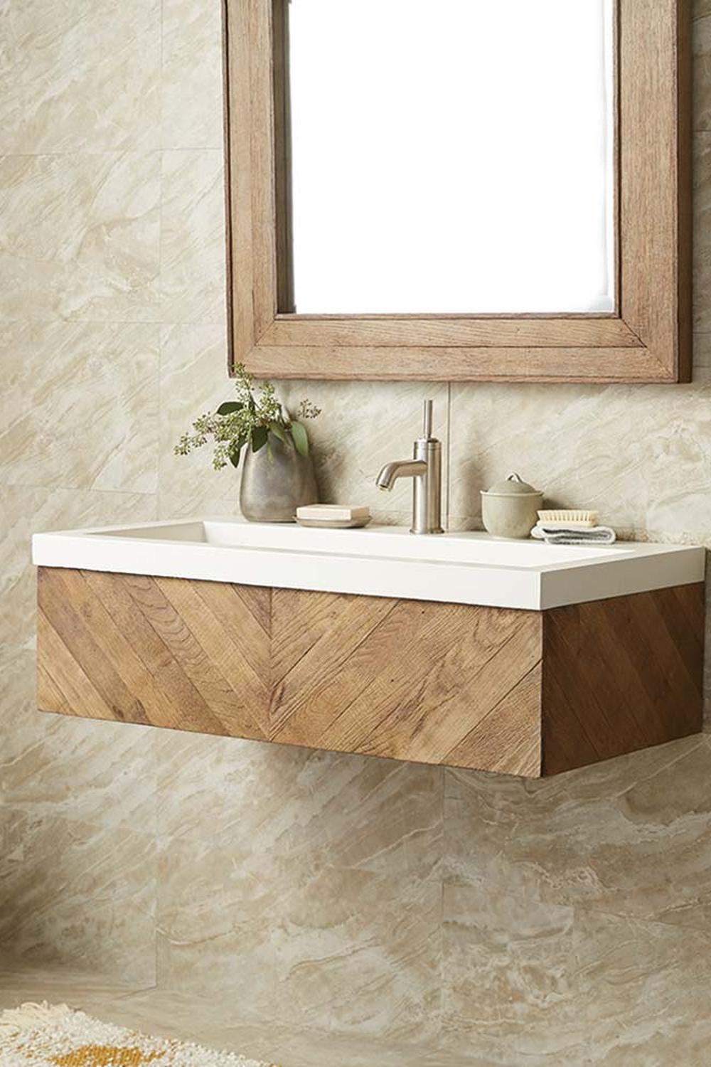 Lavabo flotante minimalista con patrones en chevron