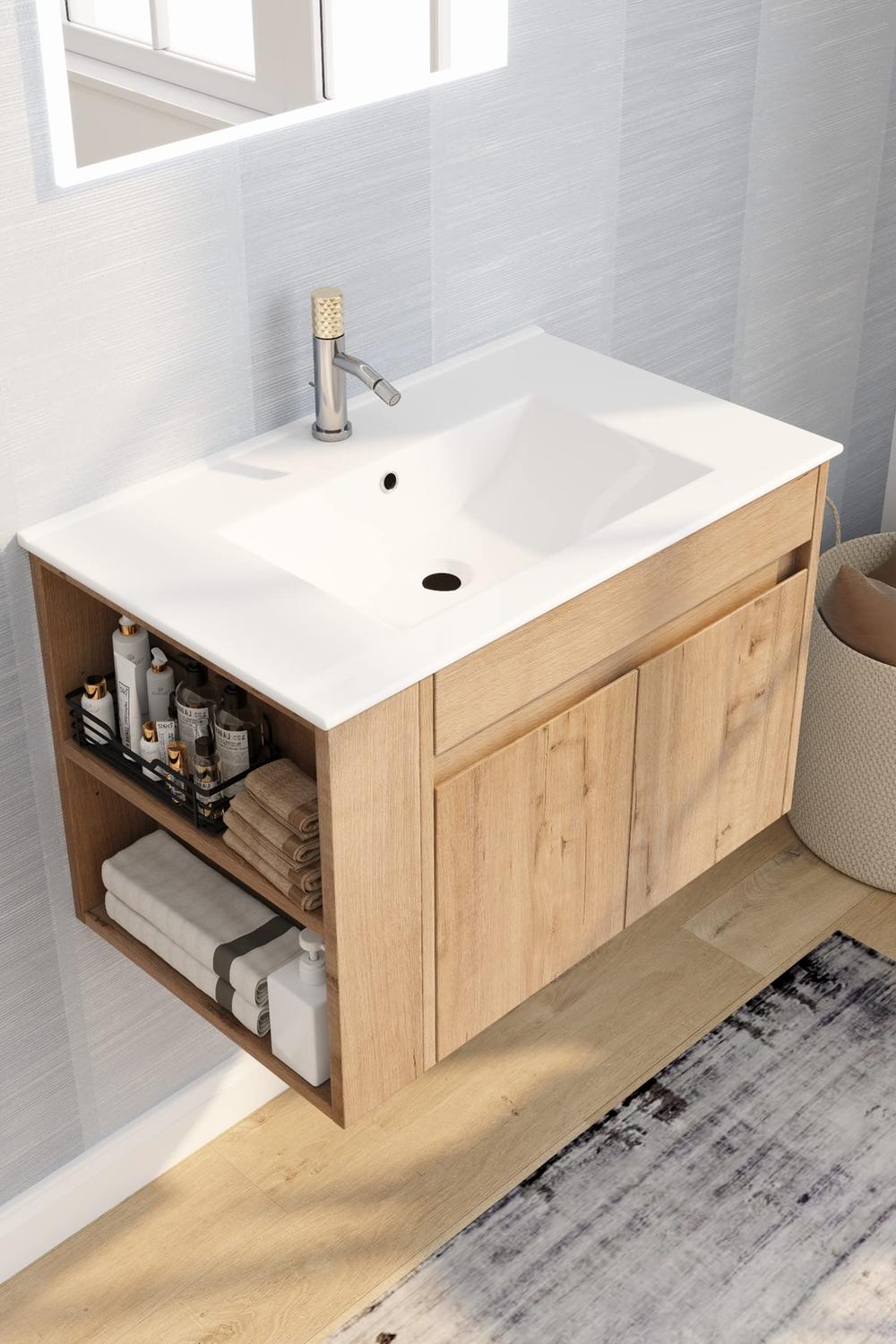 Lavabo flotante de madera clara con diseño rectangular