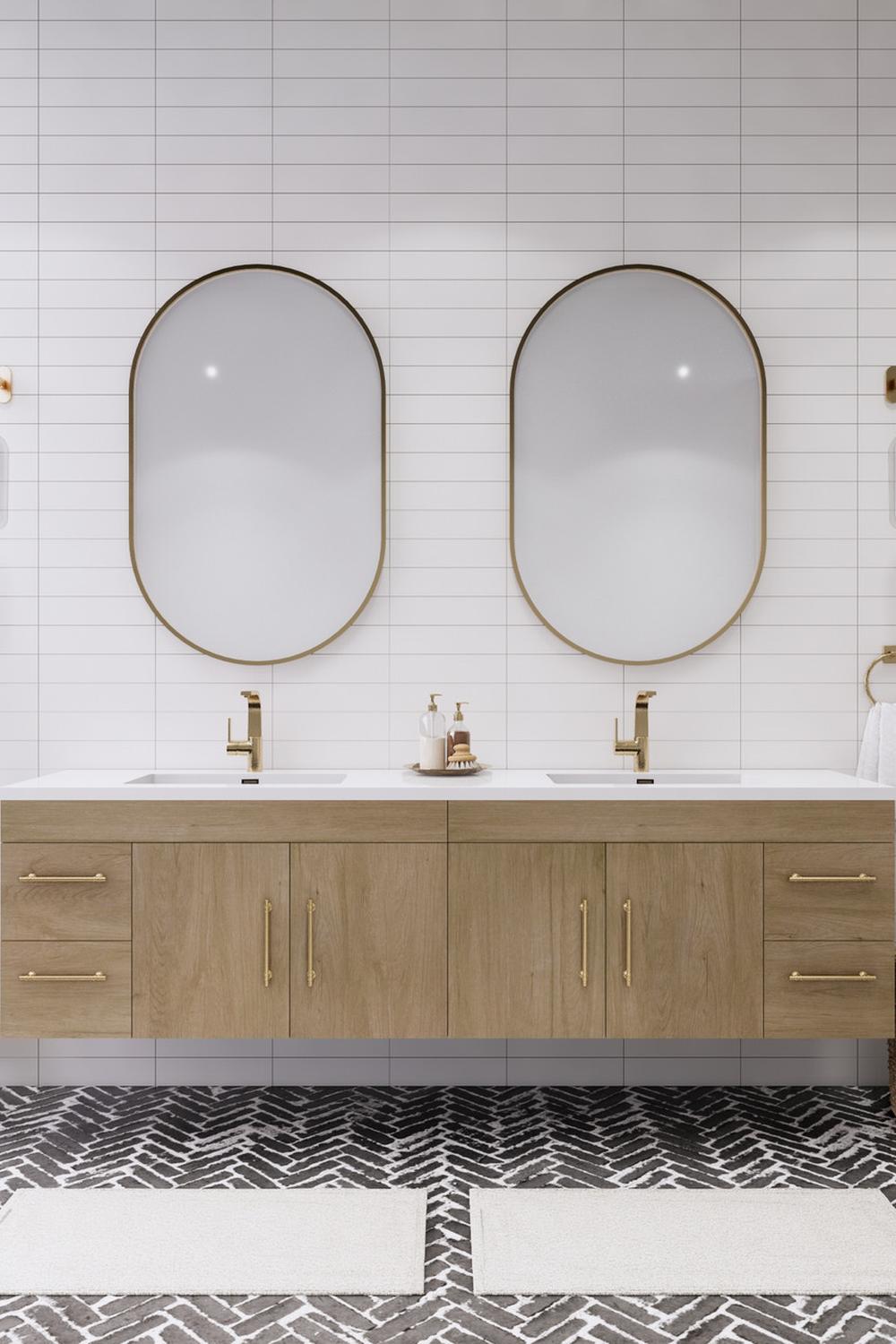 Lavabo flotante con encimera de mármol y grifos dorados