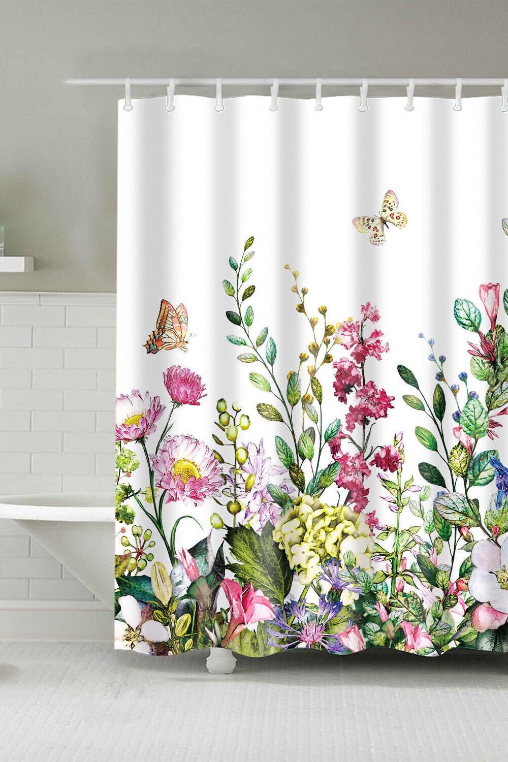 Vibrant floral shower curtain designed with colorful flowers and butterflies enhancing a cheerful atmosphere.