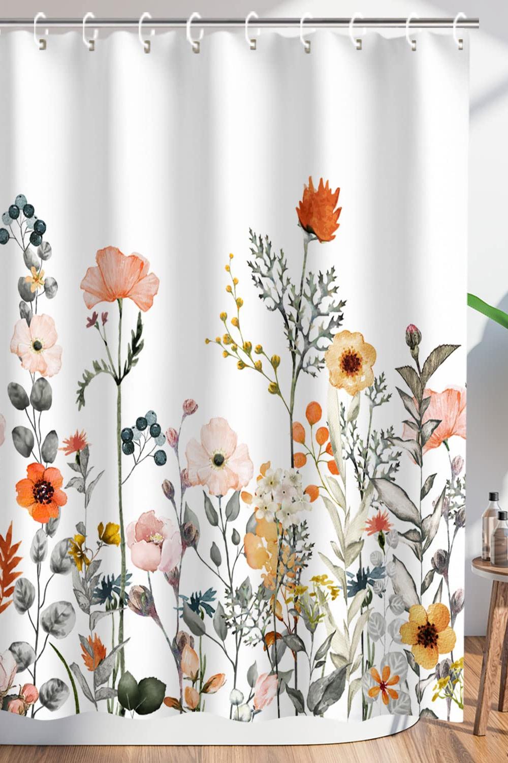 Botanical floral shower curtain with vibrant colors and rustic decor elements in the bathroom.