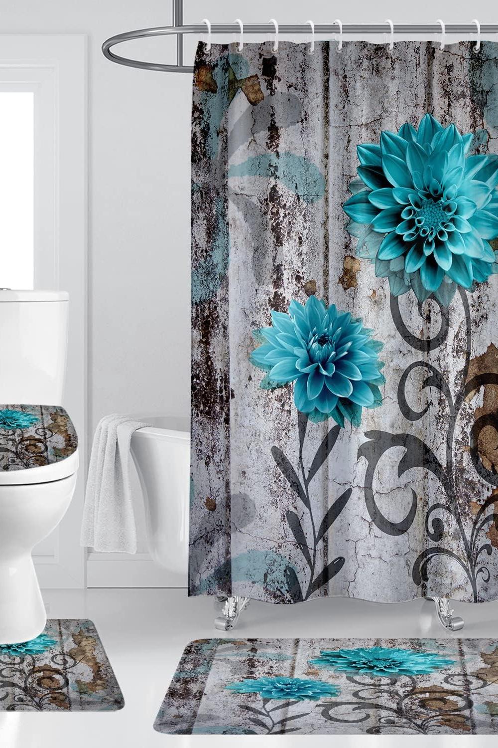 Vibrant floral shower curtain with watercolor flowers against a soft creamy background enhancing bathroom ambiance.