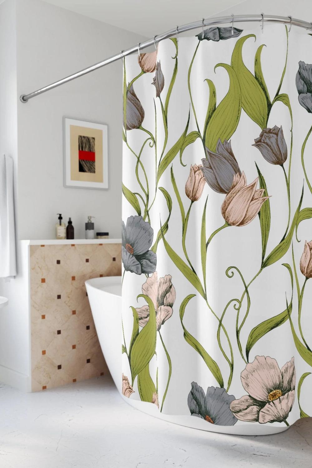 Softly floral shower curtain with pink tulips enhancing a serene bathroom atmosphere.