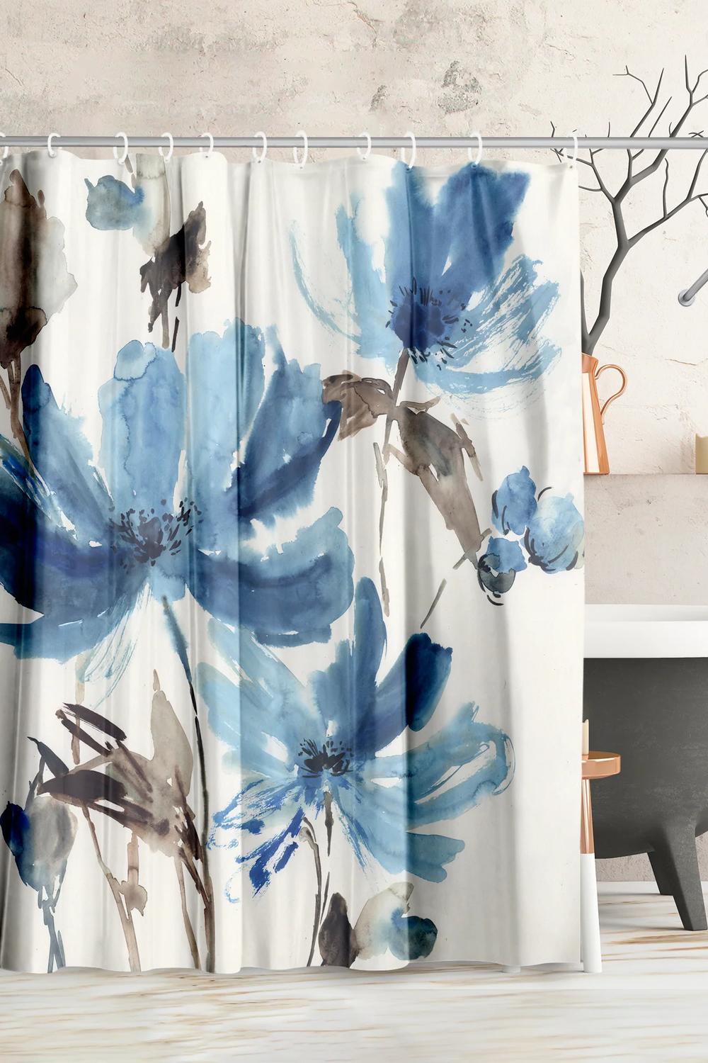 Refreshing underwater floral shower curtain featuring blues and greens adding a tranquil ambiance.