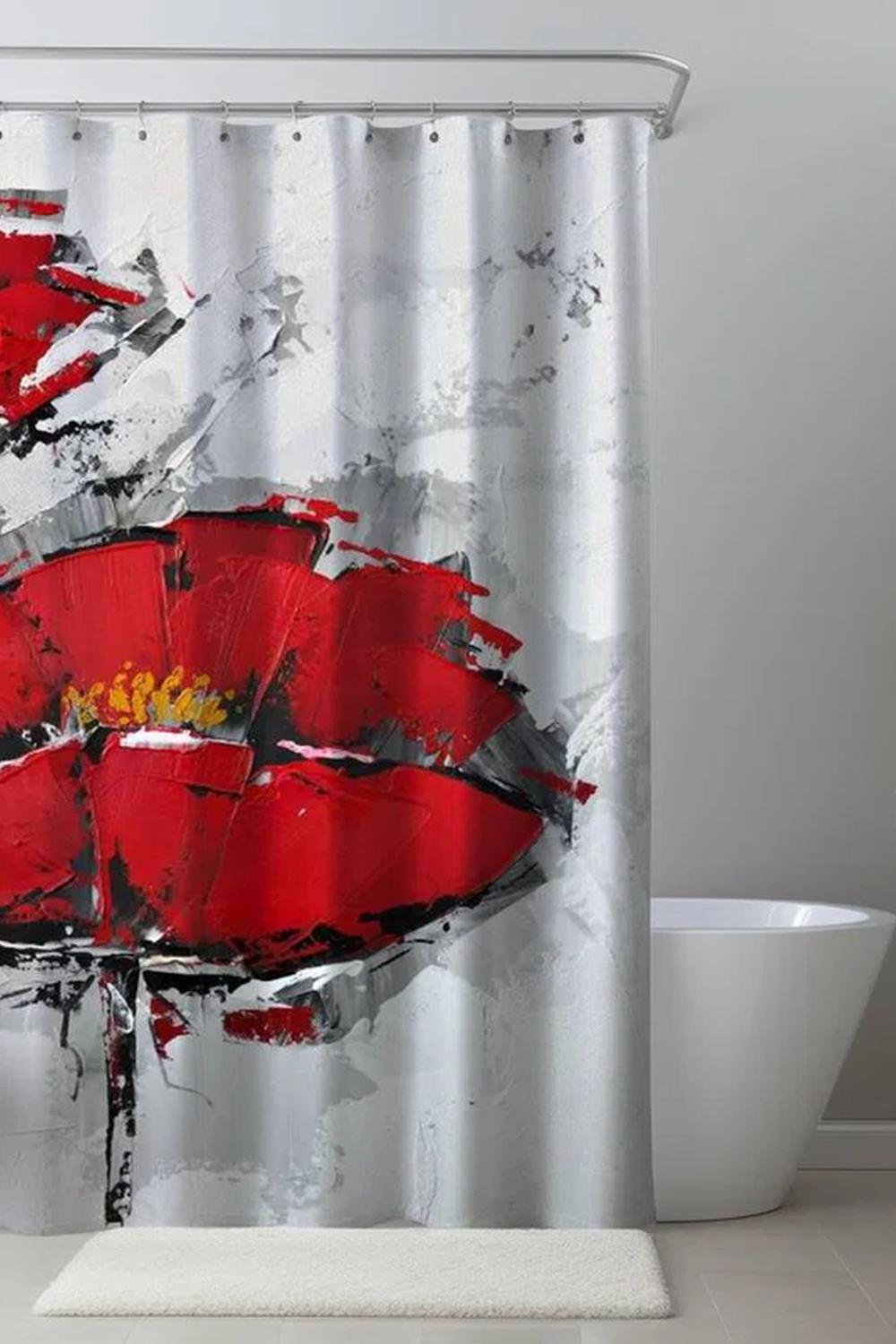 Charming floral shower curtain featuring sunflowers and daisies creating a cheerful bathroom atmosphere.