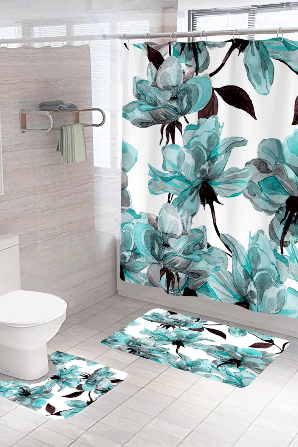 Beautifully balanced floral shower curtain enhancing a contemporary bathroom with vibrant colors.