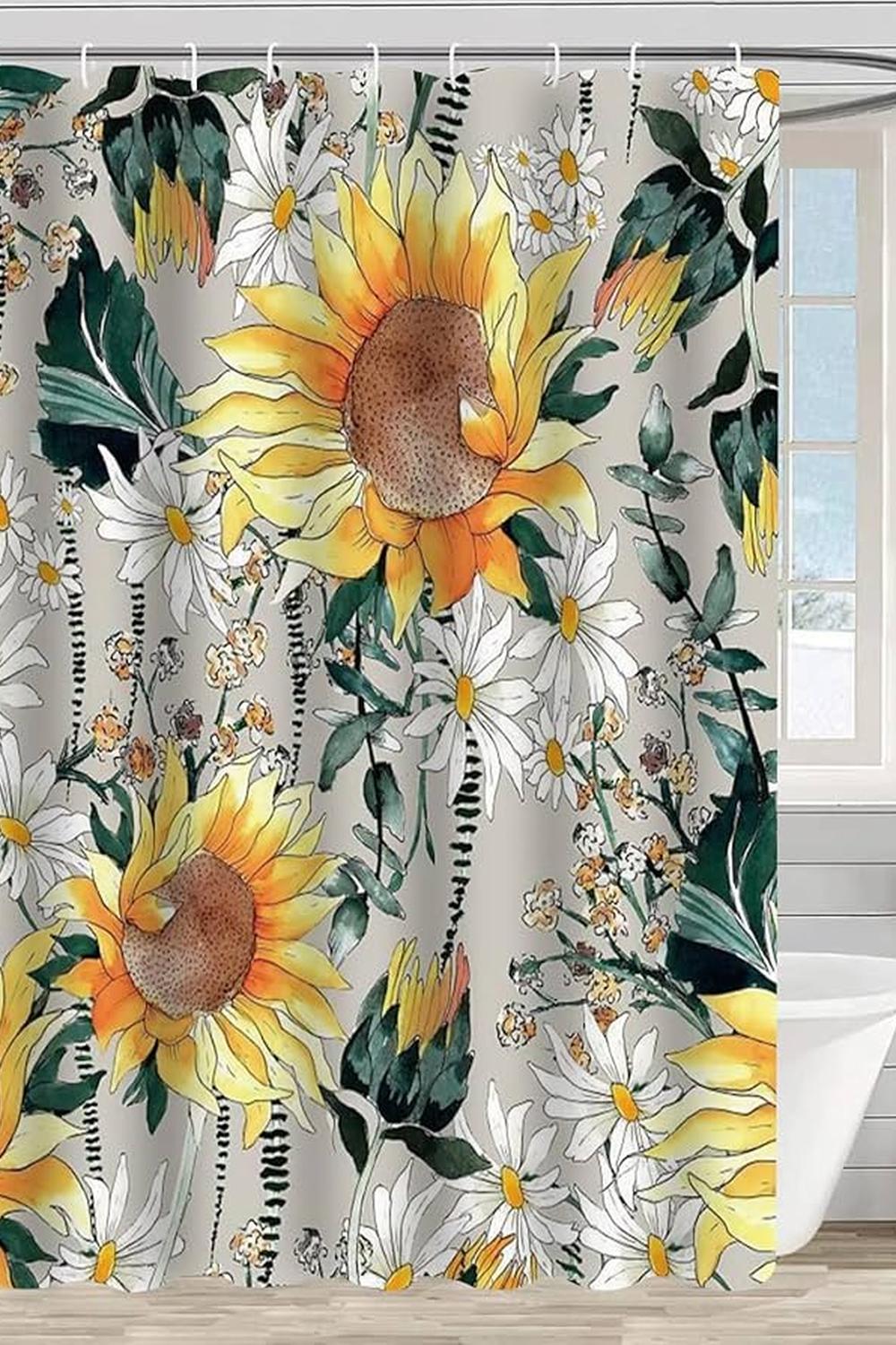 Cheerful shower curtain featuring bold sunflowers and cheerful daisies adding brightness to bathroom space.