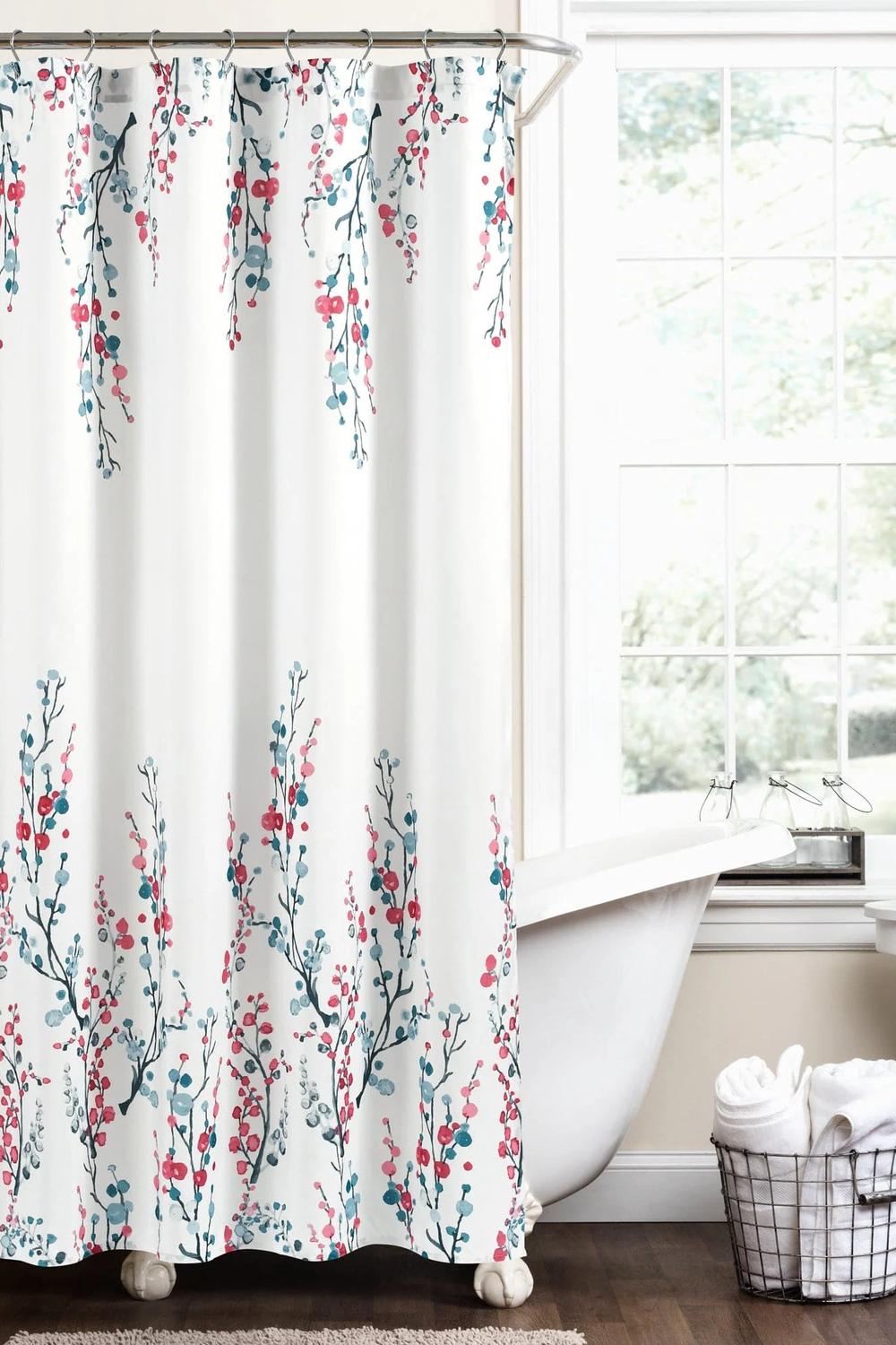 Bright and lively floral shower curtain with cheerful designs enhancing a refreshing bathroom experience.