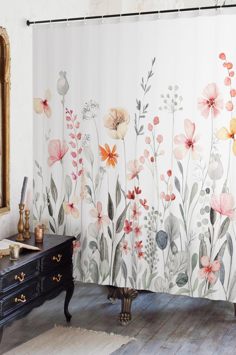 Artistic floral shower curtain featuring summer blooms adding a chic touch to bathroom decor.