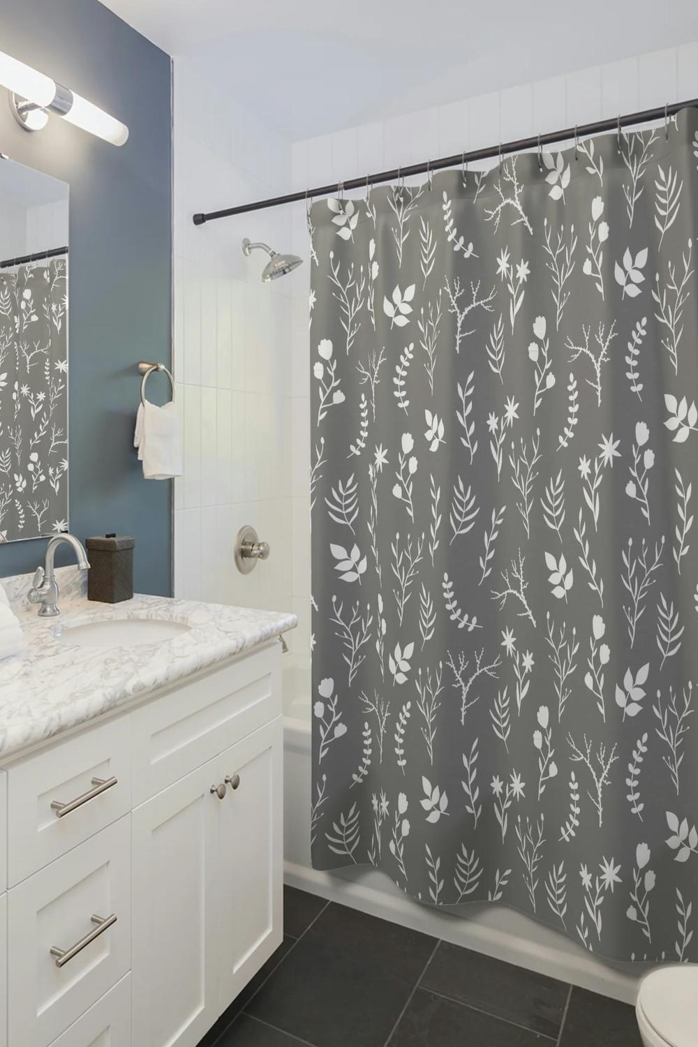 Cheerful floral shower curtain designed to wake up the bathroom with elegant floral patterns.