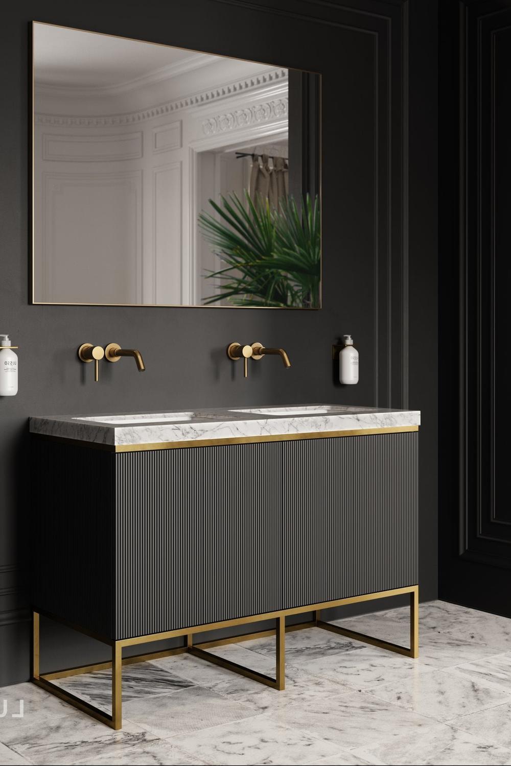 Sophisticated dark fluted bathroom vanity with marble top