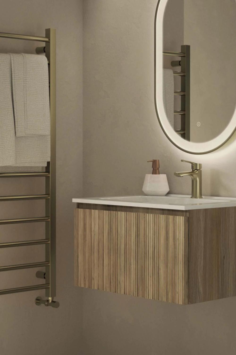 Stylish fluted bathroom vanity with round sink and minimalist decor