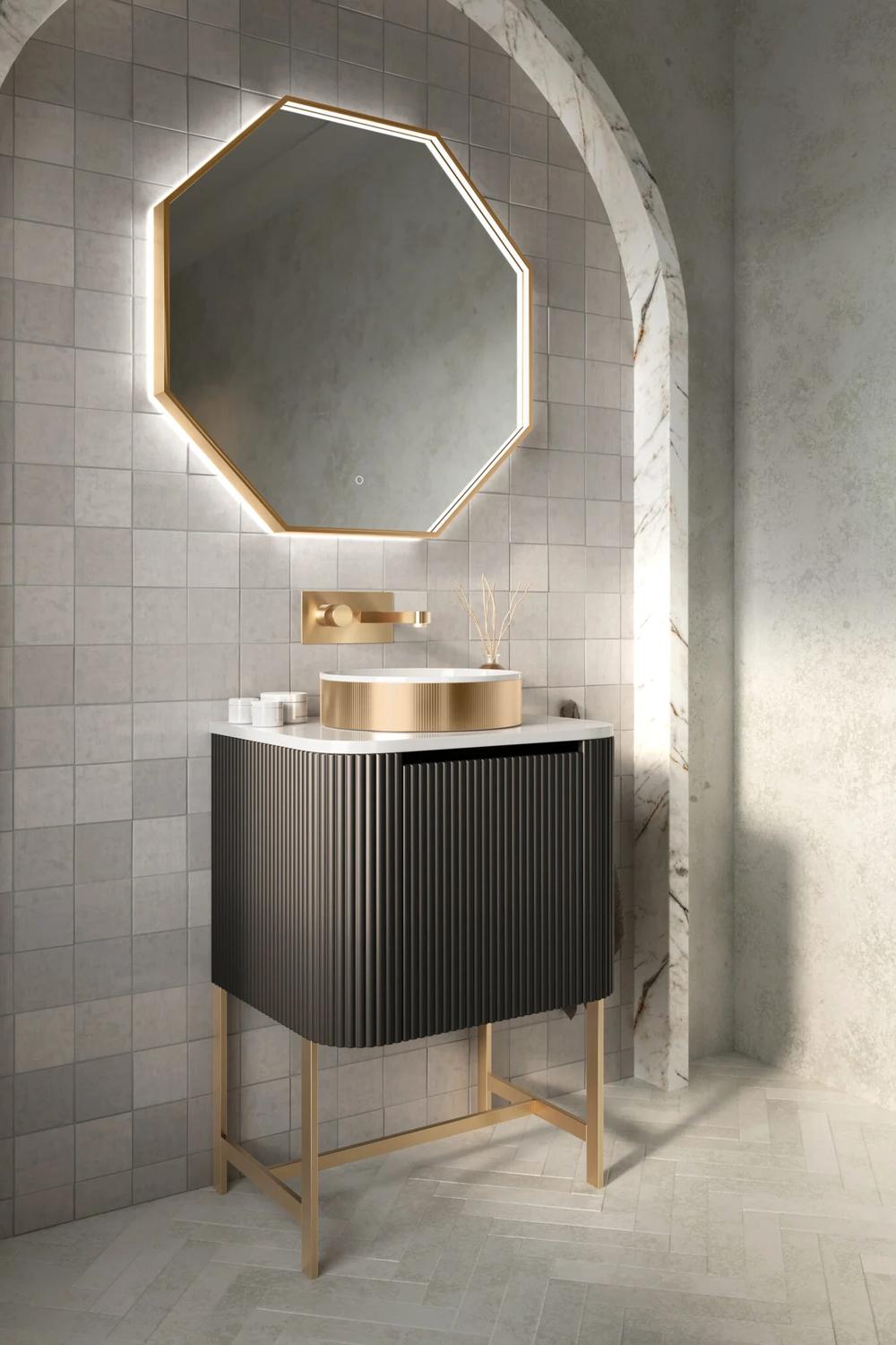 Dramatic black fluted bathroom vanity with gold accents
