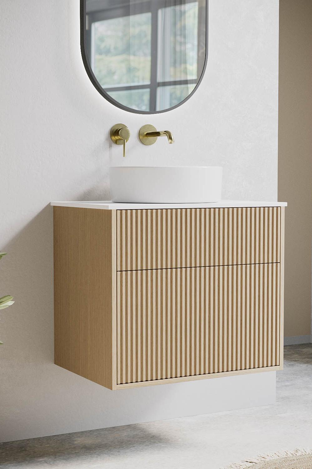 Fluted bathroom vanity with unique design and round mirror