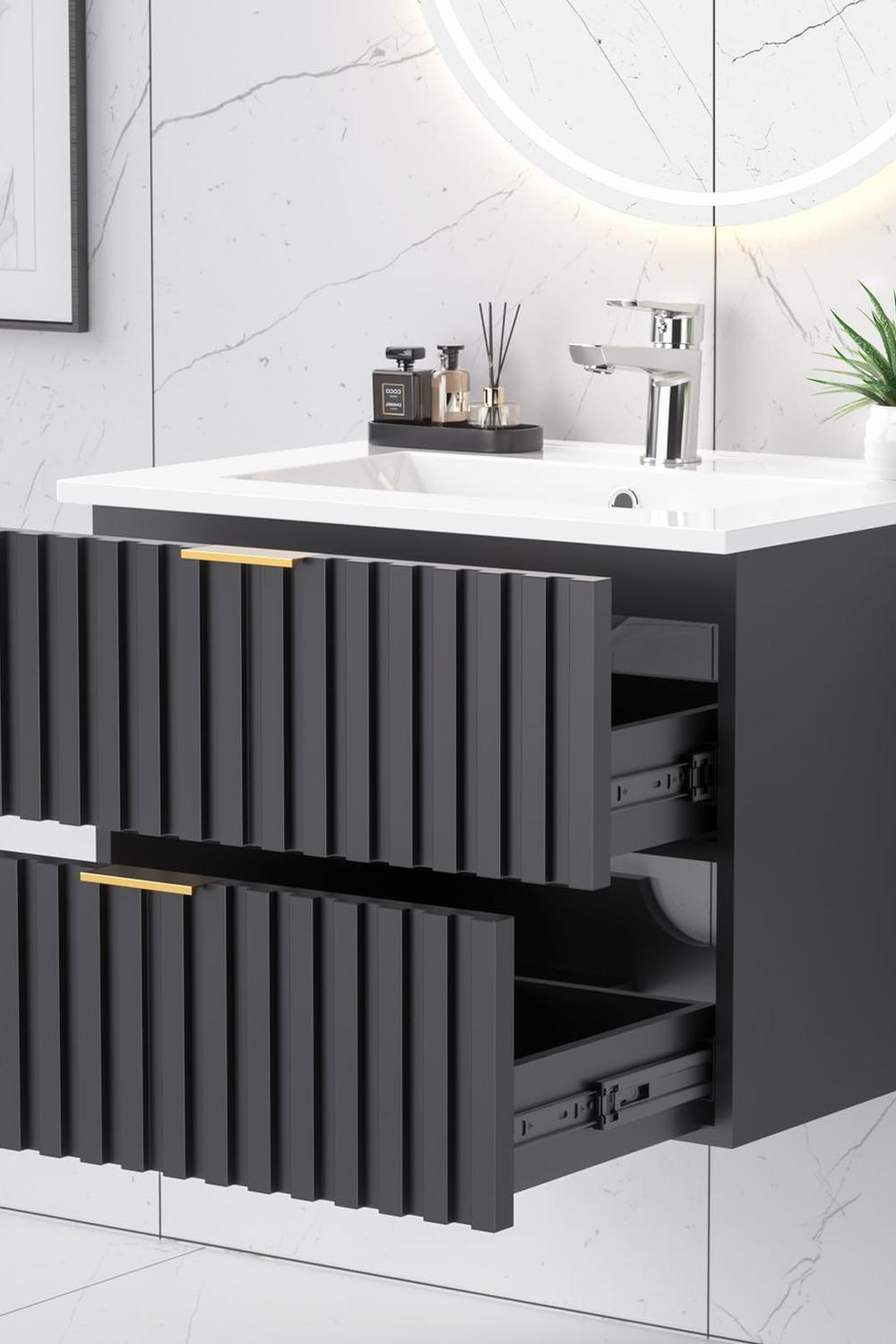 Texture-rich fluted vanity with contemporary features