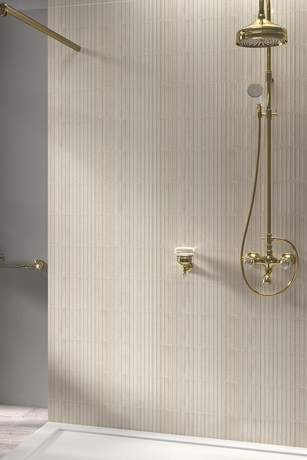 Textured shower area with luxurious gold fixtures