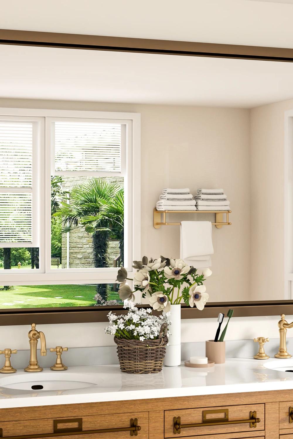 Stylish bathroom mirror framed in sleek wood reflecting the organized space with decorative accents.