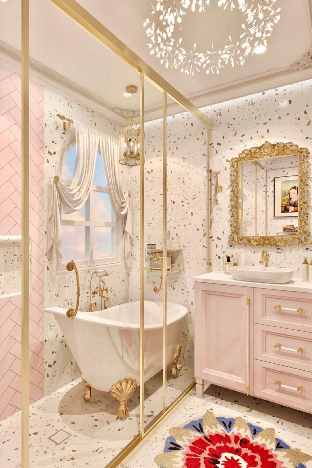 Charming French bathroom blending outdoor elements with vibrant decor