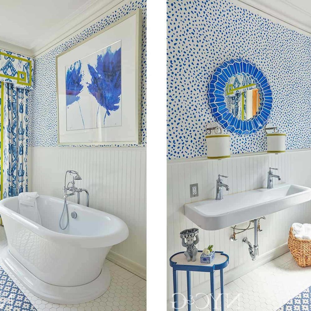 Playful bathroom design with whimsical wallpaper and charming decor