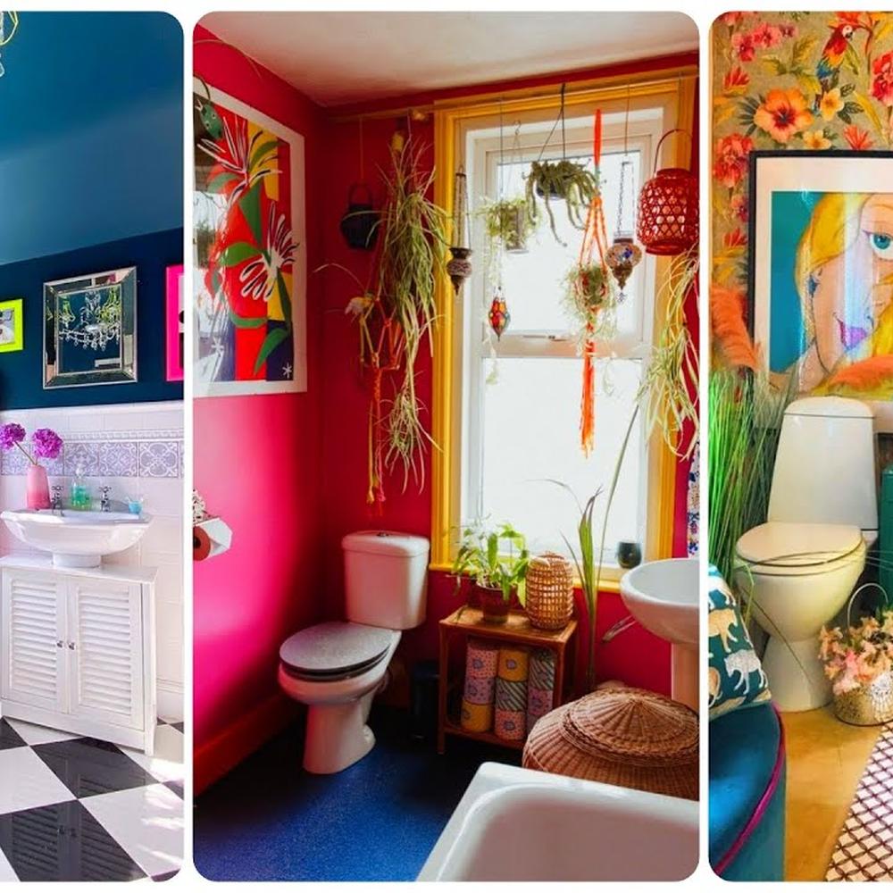 Three distinctive bathroom designs featuring vibrant colors, elegant fixtures, and artwork.