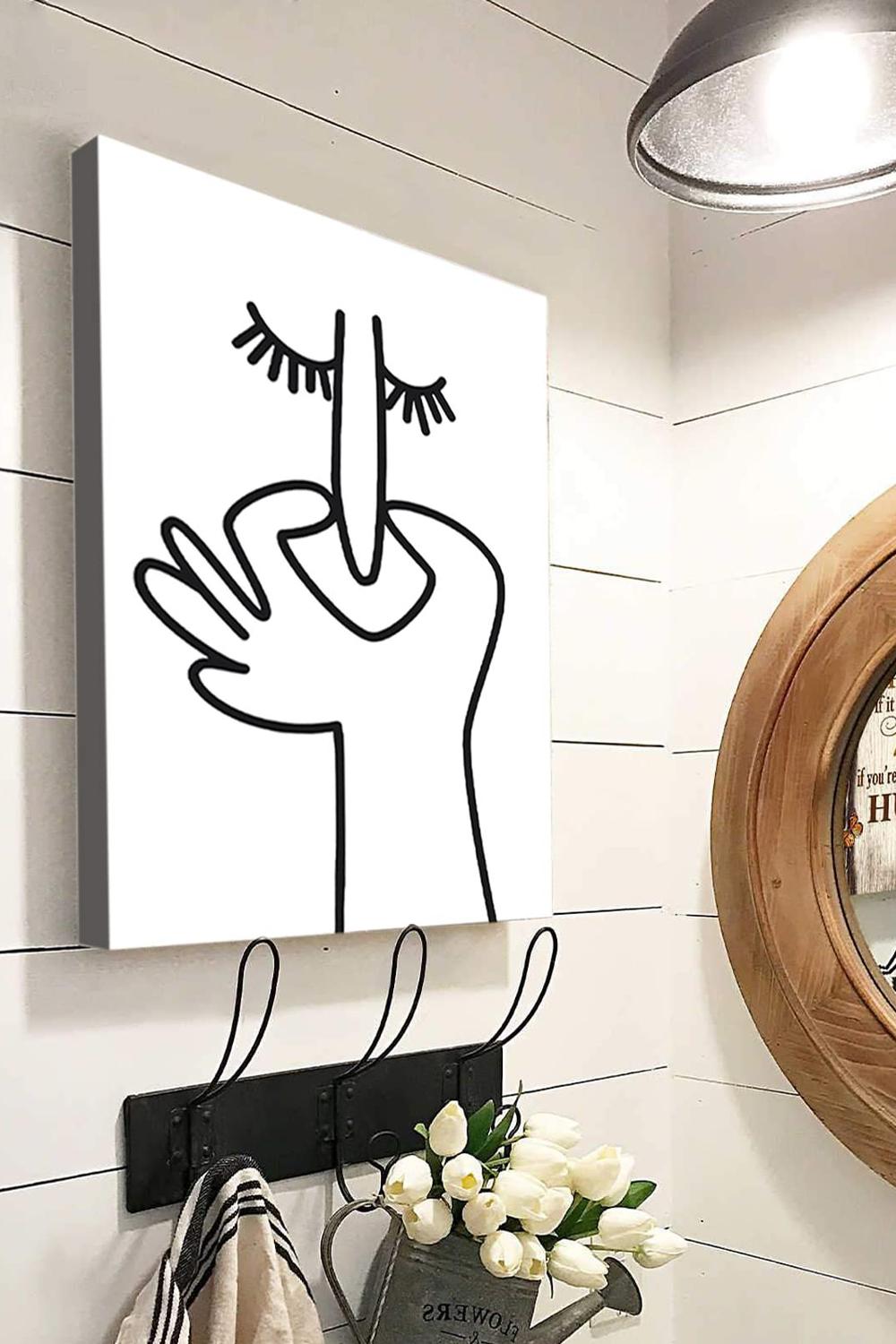 A minimalist illustration of a hand making a 'shh' gesture in a bathroom.