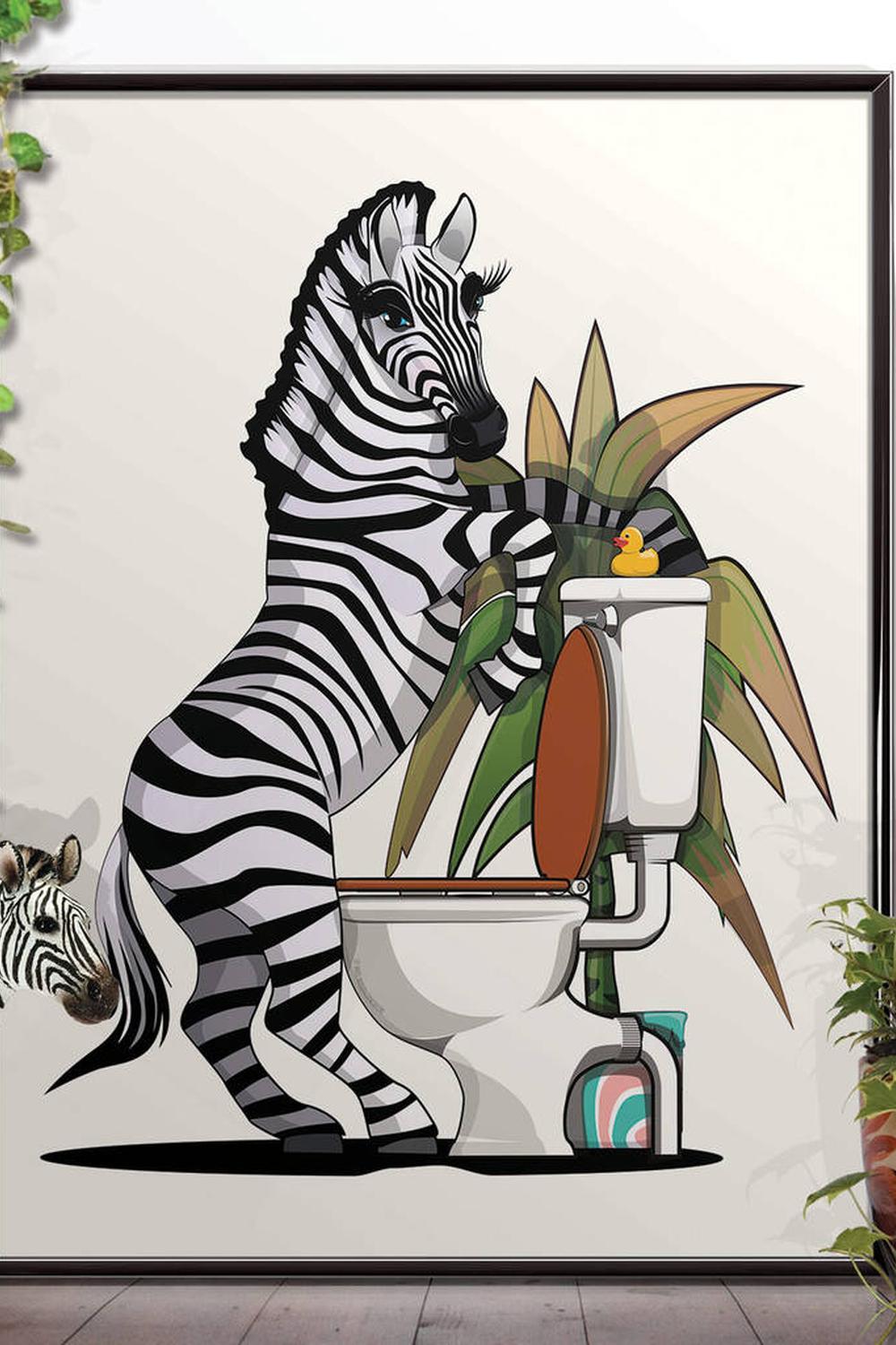 An illustration of a curious zebra inspecting a toilet.