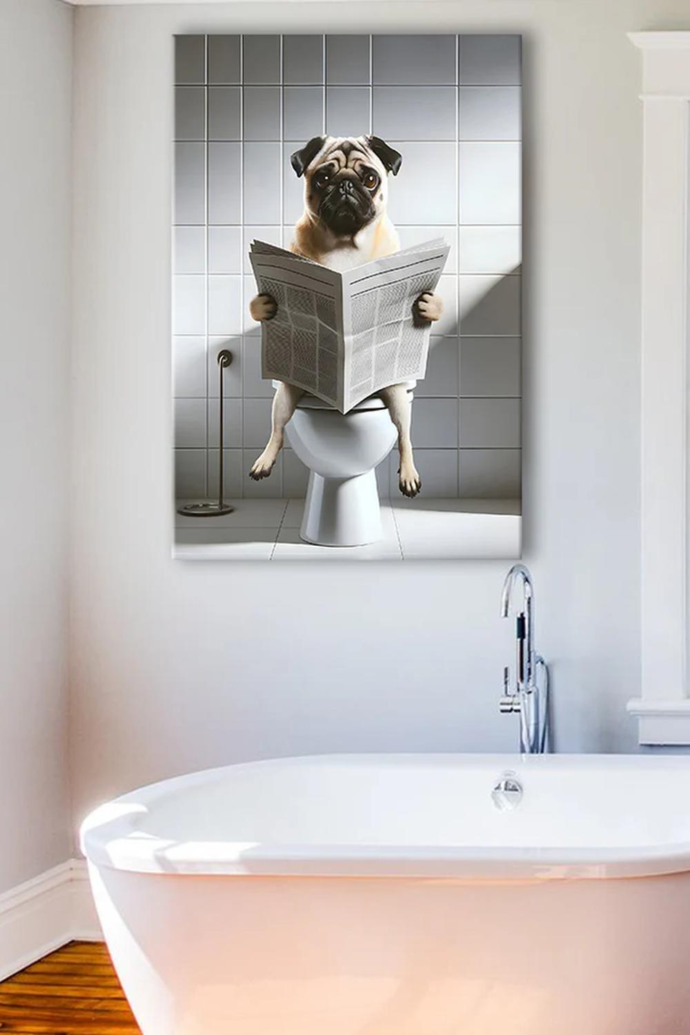 A pug reading a newspaper while perched on a toilet.