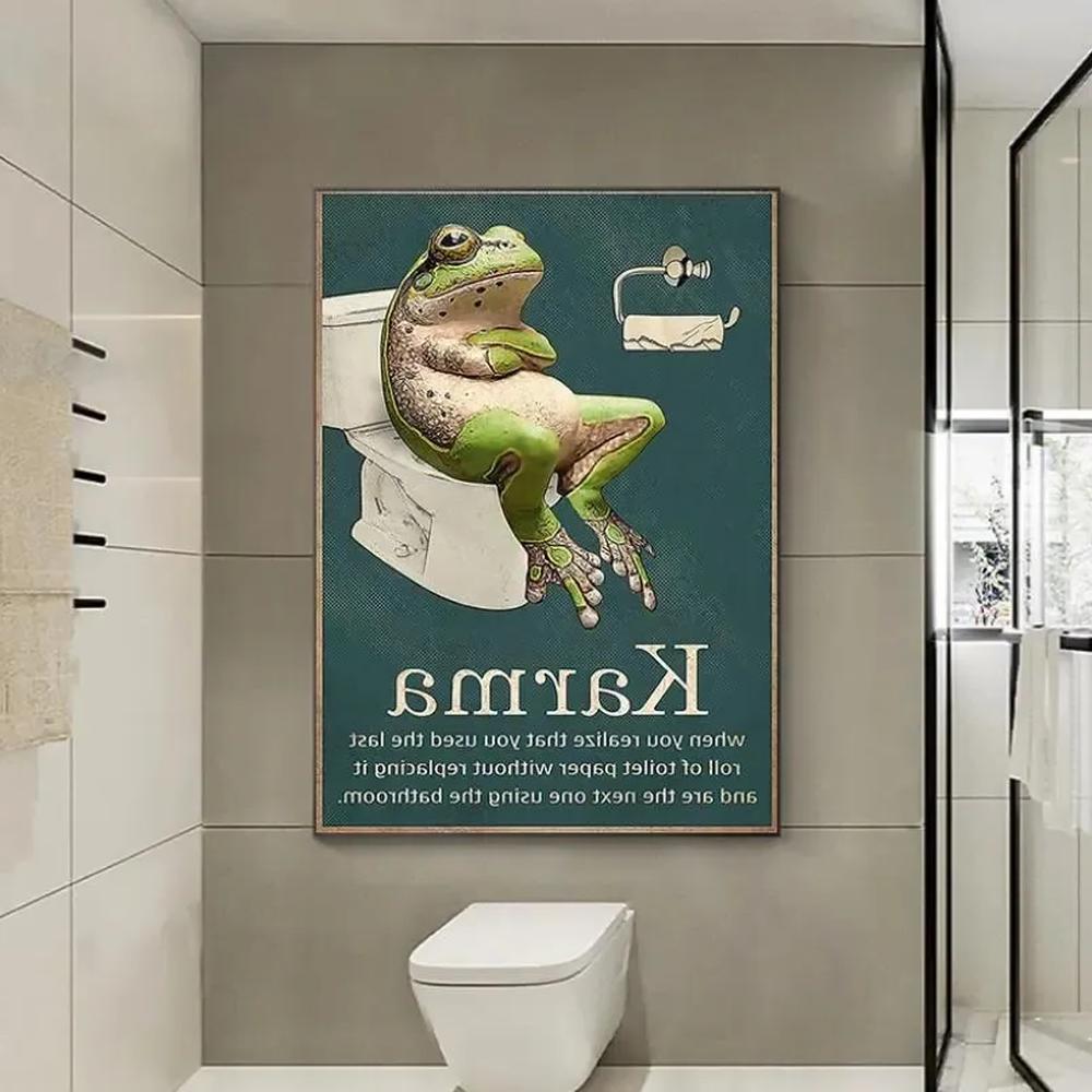 A cartoon frog uses the toilet with a humorous tagline.