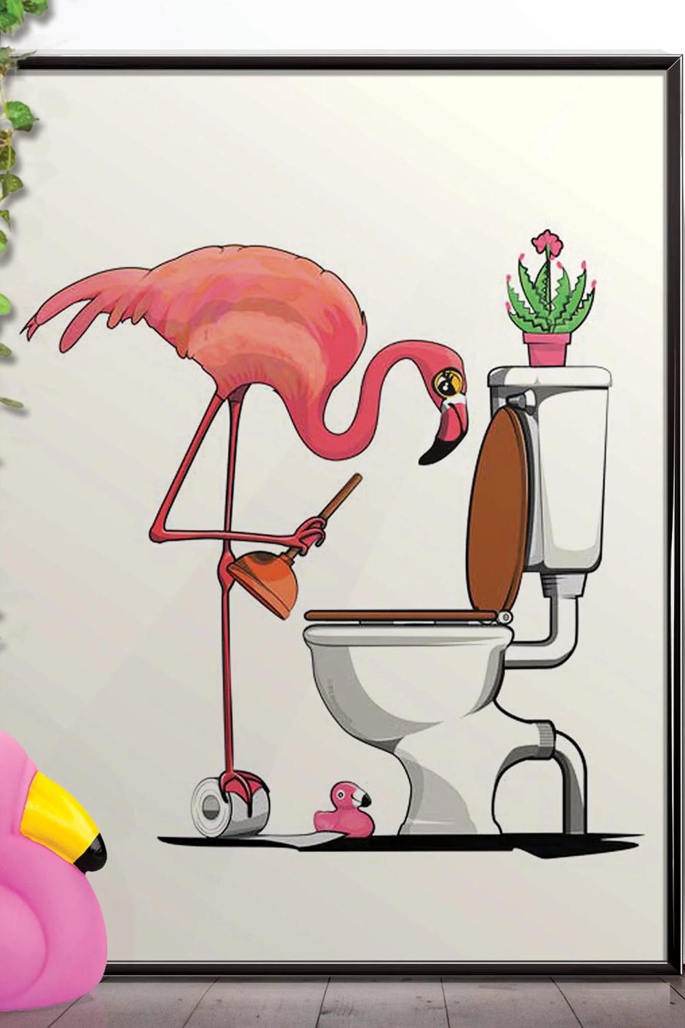 A playful illustration of a flamingo positioned over a toilet.