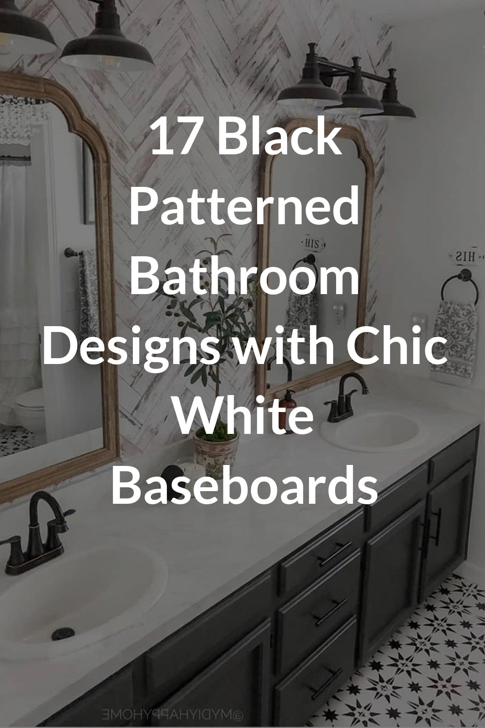 17 Black Patterned Bathroom Designs with Chic White Baseboards