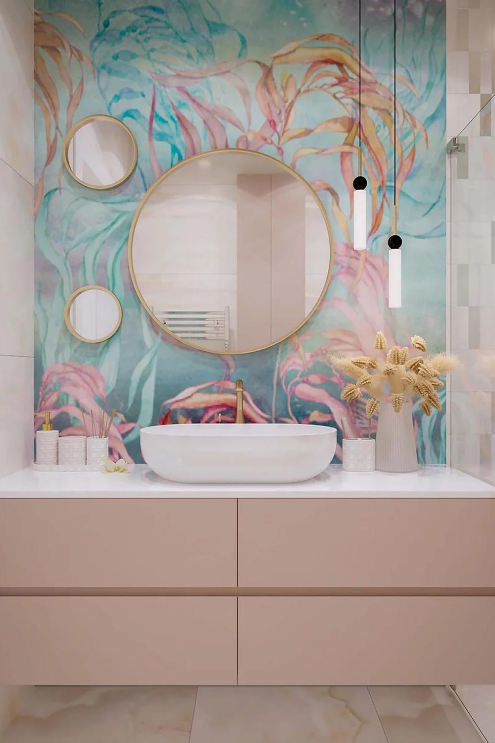 Baño contemporáneo artístico en tonos vivos