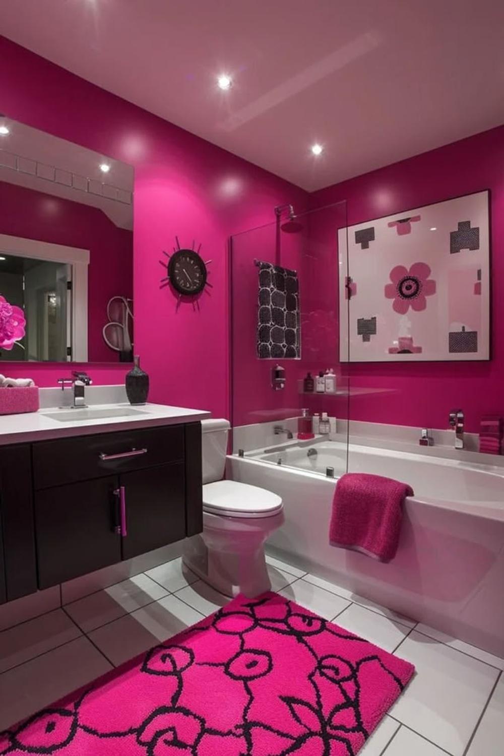 Vibrant bathroom with bold pink walls and contrasting white fixtures