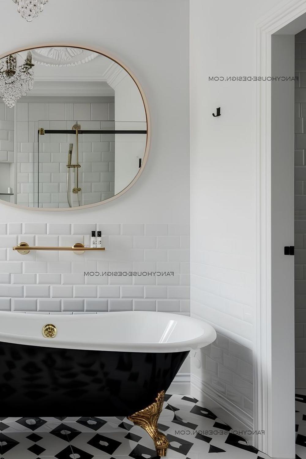 Baño glamuroso en blanco con acentos metálicos dorados y bañera independiente