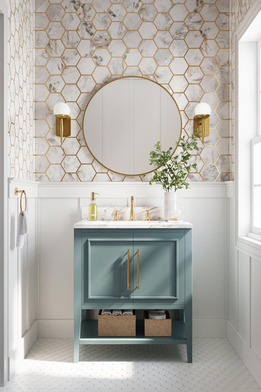 A bathroom featuring a hexagonal tile wall design and three luxurious gold faucets.