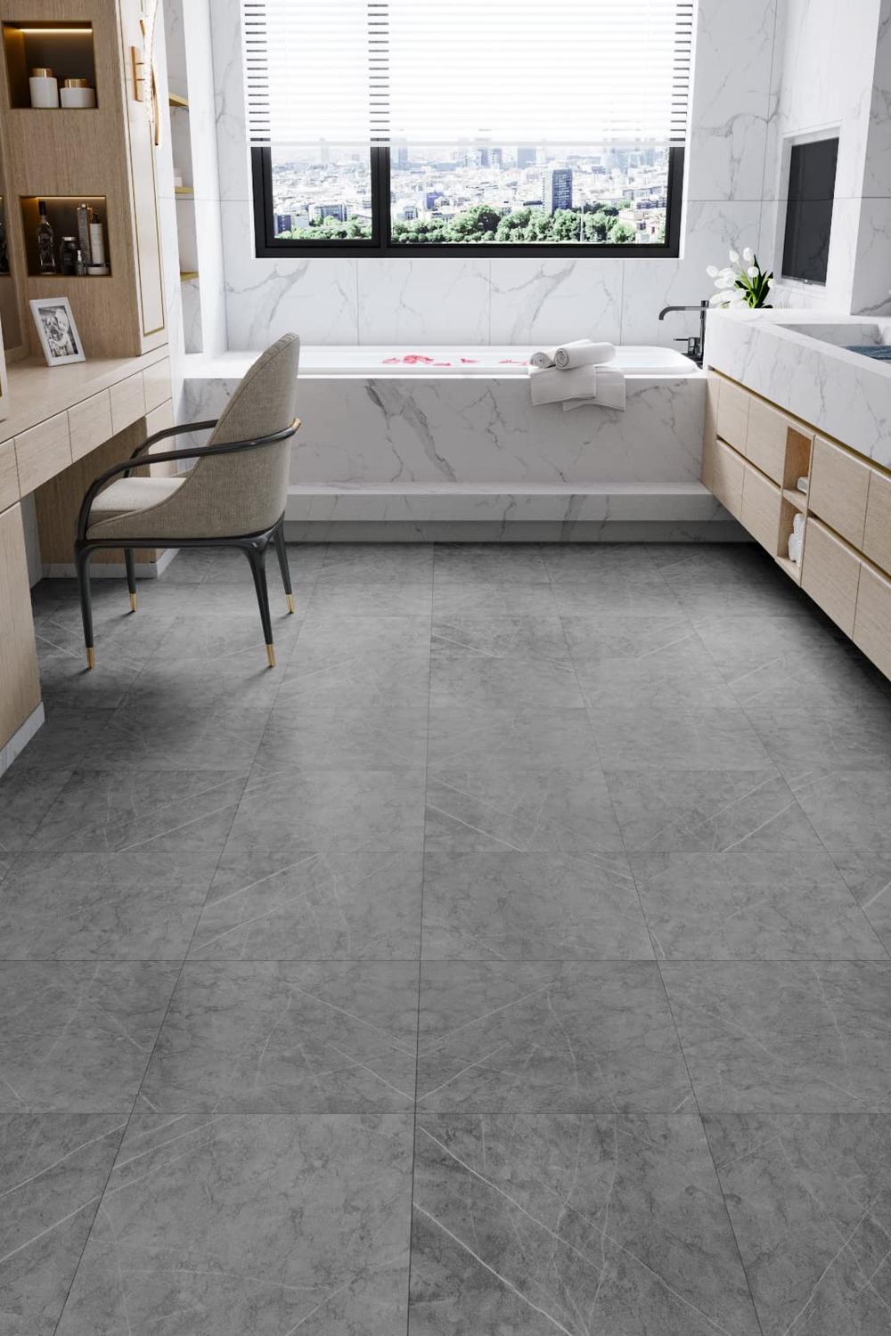 Baño neutral moderno con azulejos grises