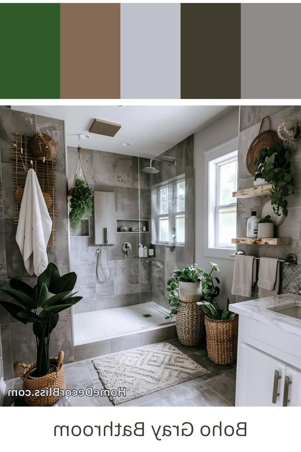 Baño boho en tonos grises con una mezcla moderna y natural