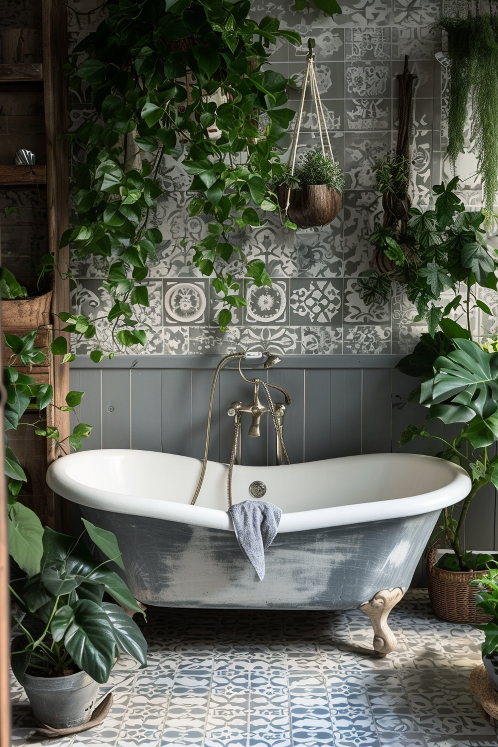 Baño boho con bañera exenta como protagonista