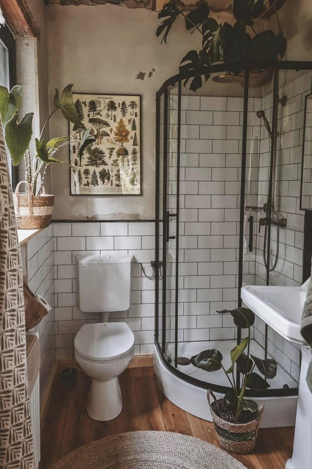 Baño boho en madera natural y elementos minimalistas