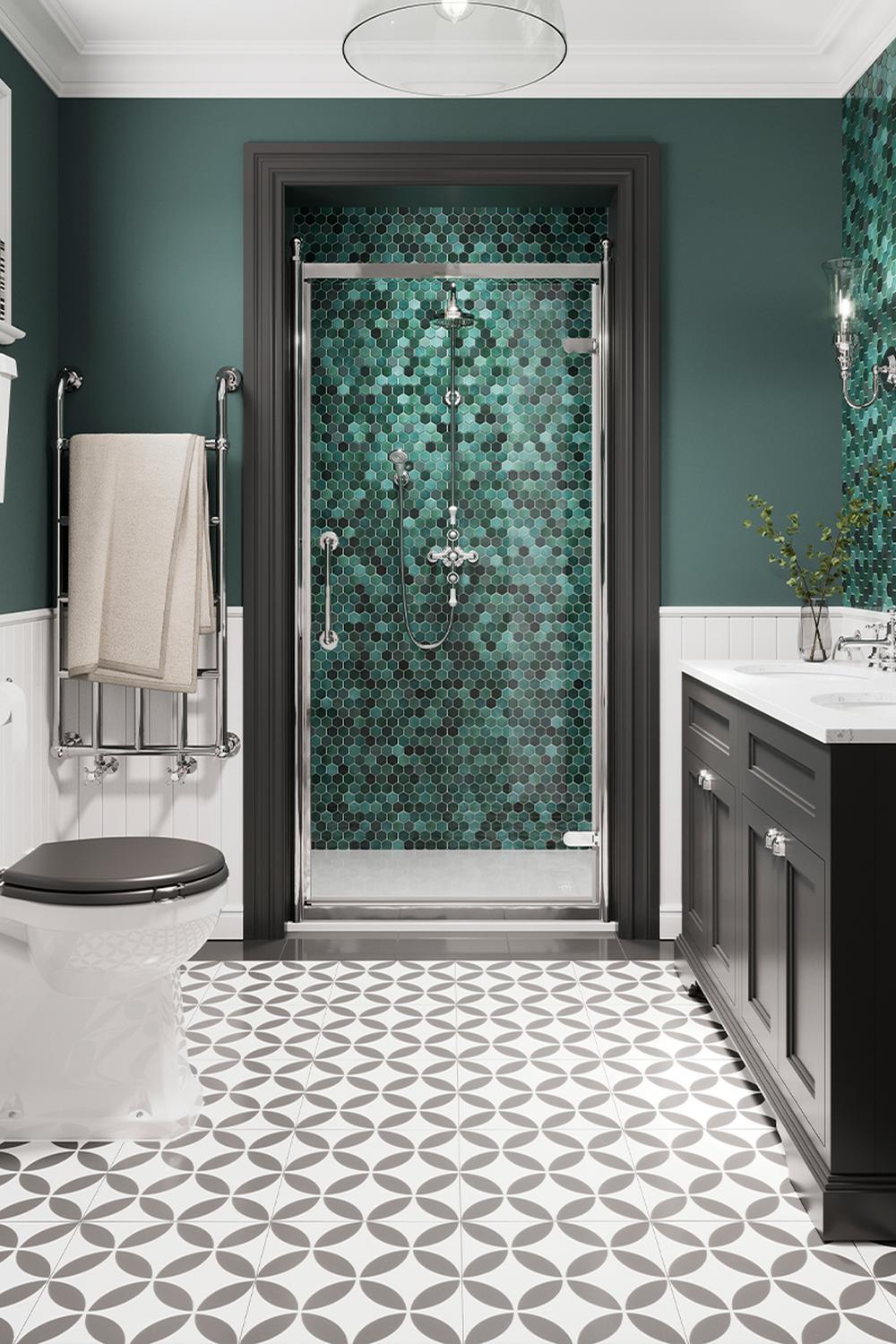 Baño divertido con un estilo ligero en verde y negro