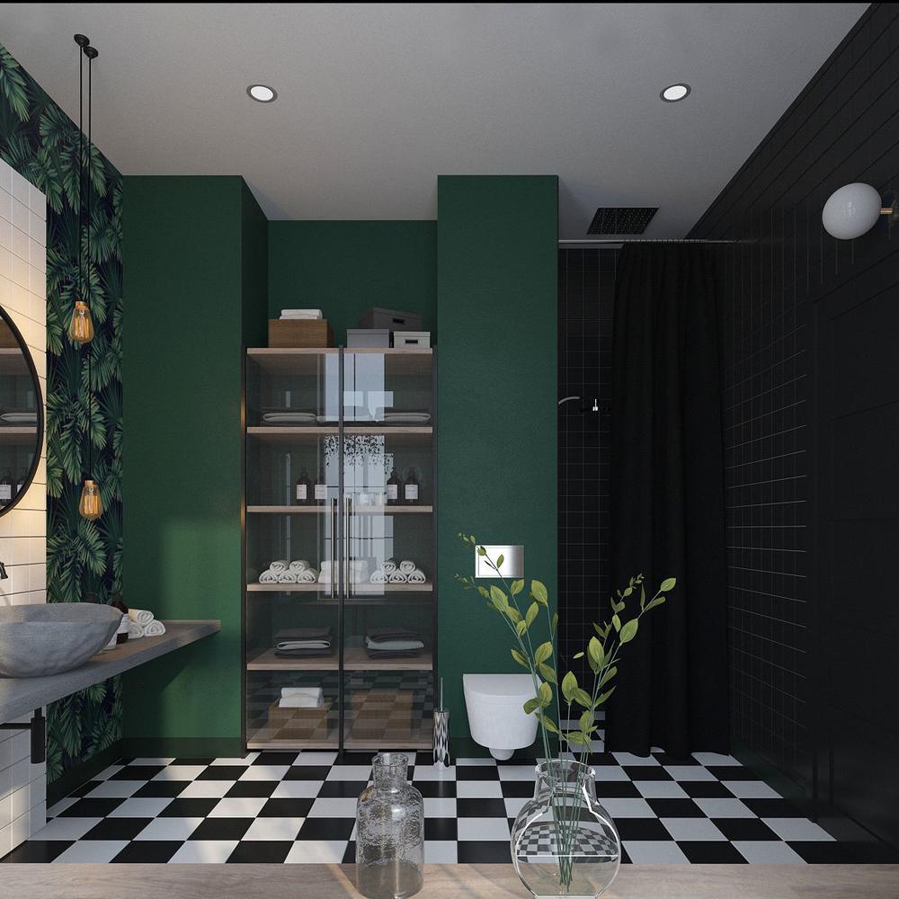Baño contemporáneo con toques vintage en verde y negro