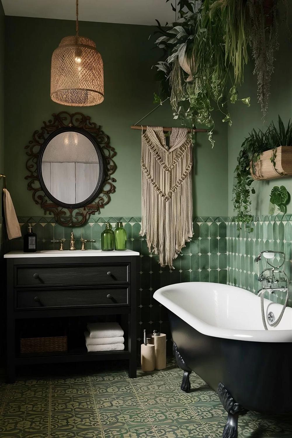 Espacio ordenado y estilizado en un baño verde y negro