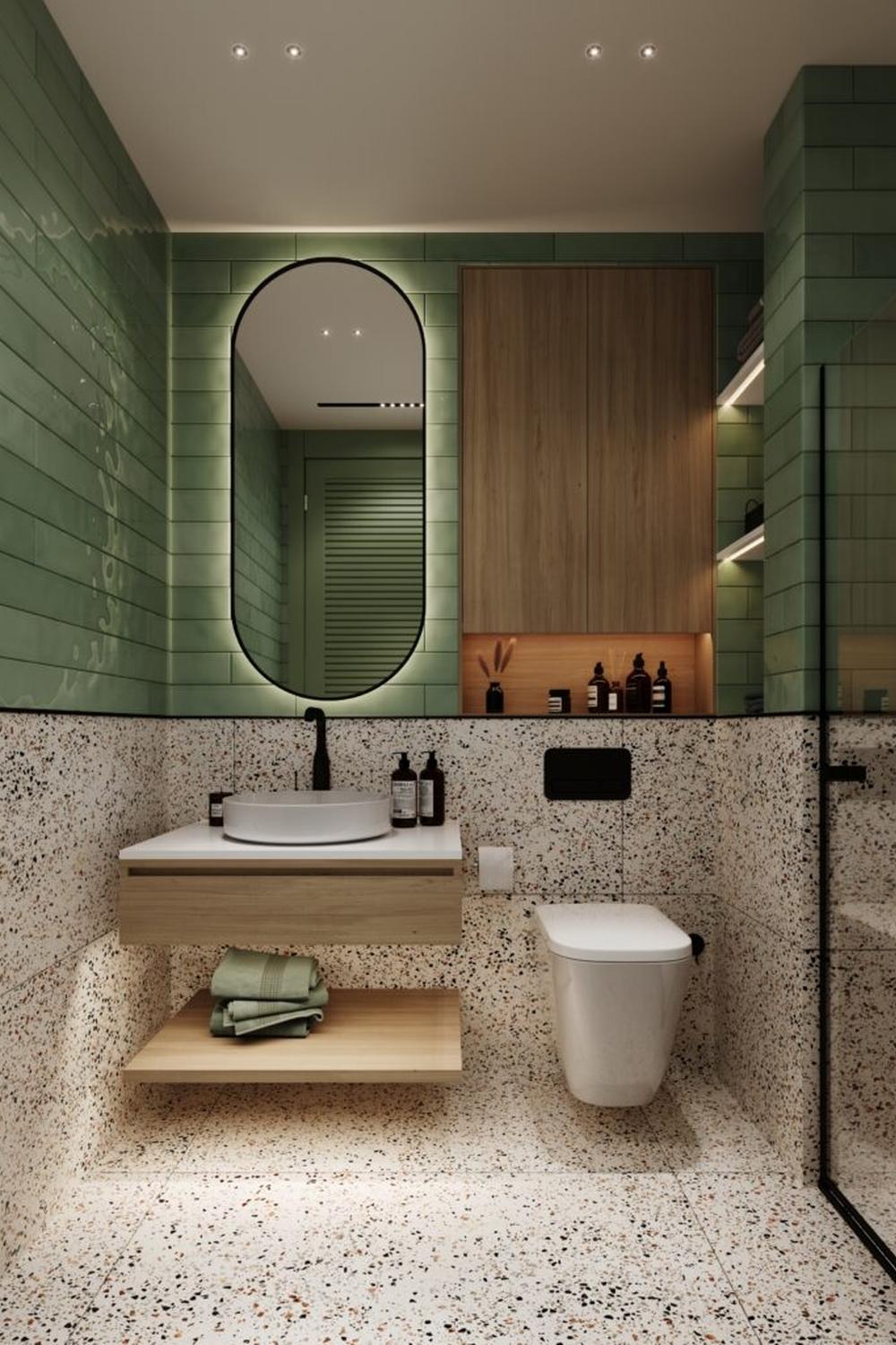 Baño minimalista en verdes y blancos